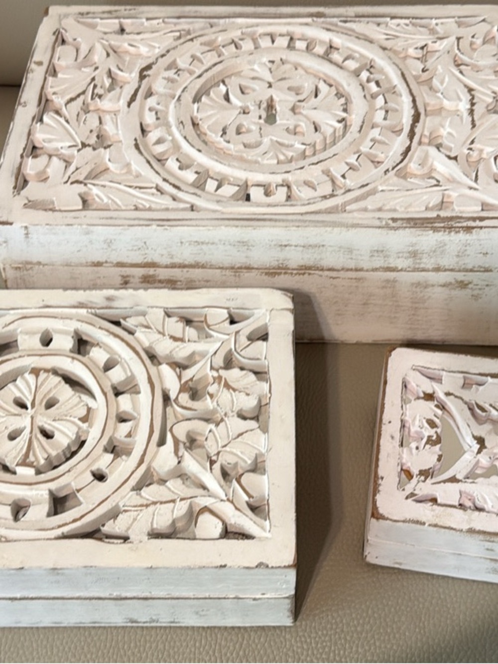 Carved Decorative Wooden Boxes in Distressed Cream white shabby chic mirror set
